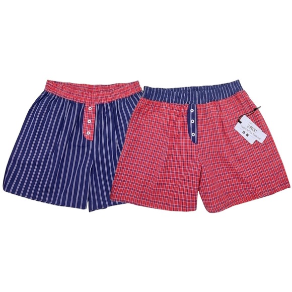 Other - 2 Cotton Sleep Shorts Womens XL Pajama Boxer Pockets Red Gingham & Blue Striped